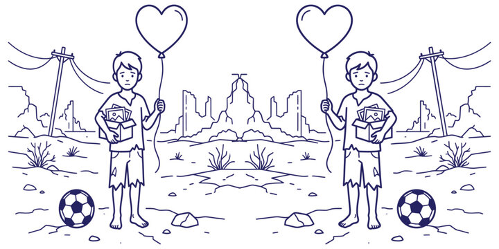 Sad orphan boy standing in post-war landscape holding heart shaped balloon and box with family photos illustration on white background for charity.