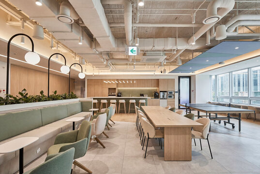 Premium Communal Dining Interior With Wooden Tables and Calm Commercial Design for Stock Architecture Marketing
