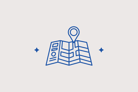 Folded geographic paper map with location pointer line icon for outdoor route tracking. Simple vector illustration for hiking destination finders, trip planning, or addresses.