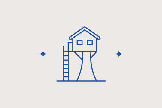 Playful kids wooden treehouse tower line icon for backyard playground construction blueprints. Creative vector illustration for childhood games, garden architecture, or toys.