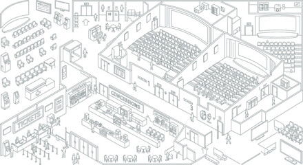 Obraz premium Large theater seating area and stage layout sketch with auditorium, performance