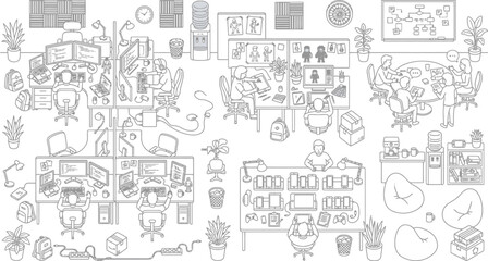 Fototapeta premium Modern office workplace layout and workspace planning icons with workplace