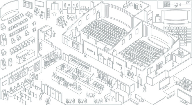 Large theater seating area and stage layout sketch with auditorium, performance