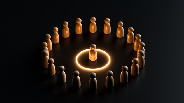 Conceptual image of single figure standing inside glowing circle surrounded by group of figures representing leadership, isolation, focus, protection, individuality, and attention