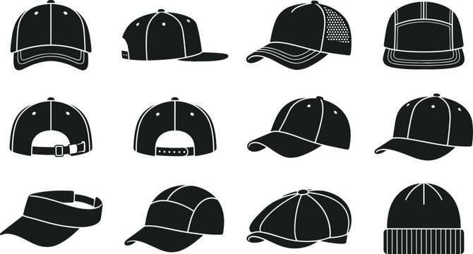 Baseball Cap and Headwear Icon Set with Trucker Hat Beanie Visor and Snapback Templates Vector Illustration