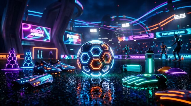 Glowing digital soccer ball in neon light sports arena concept with technology