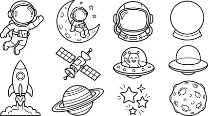 Outer Space Doodle Icon Set with Cute Astronaut Rocket Ship Alien UFO Satellite and Planets Line Art Vector © MdAungur