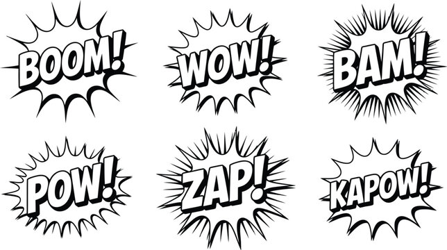 Comic sound effect speech bubbles outline set vector illustration