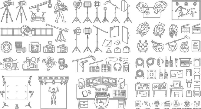 Set of professional film production studio equipment and recording elements