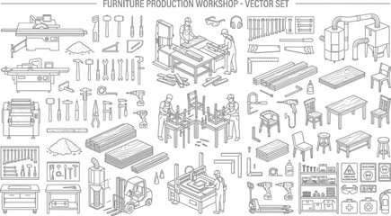 Fototapeta premium Industrial production workshop equipment and tools icon set with workshop