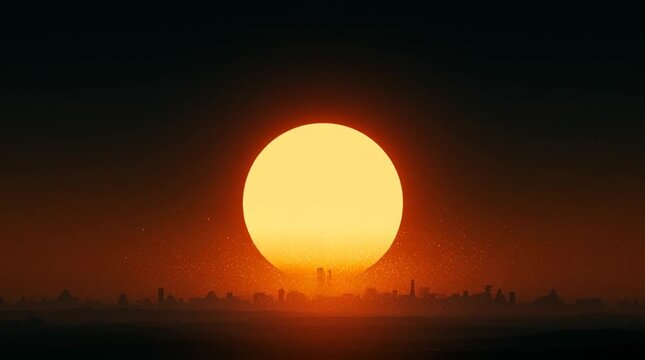 Ra emerges as an abstract solar deity above a vast desert horizon. An immense glowing sun disk dominates the frame while distant ancient ruins rest in subtle silhouette below.