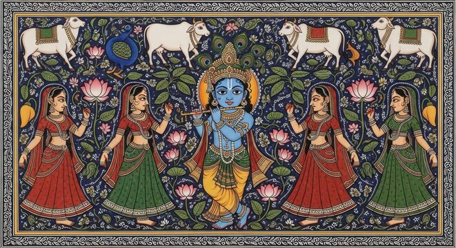 Vibrant Indian Miniature Painting of Lord Krishna with Gopis and Cows.