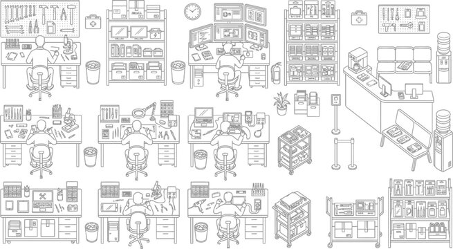 Isometric computer desks and tech workspace set with office workers, computer