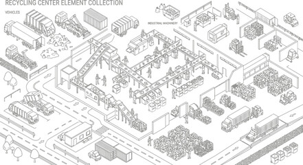 Fototapeta premium Isometric recycling center elements collection with workers and trucks, facility