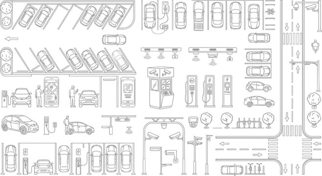 Top view collection of different car models and parking lot elements