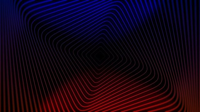 Abstract neon blue and red rounded square tunnel background with glowing geometric lines moving in a seamless loop for modern digital presentations and futuristic tech visuals