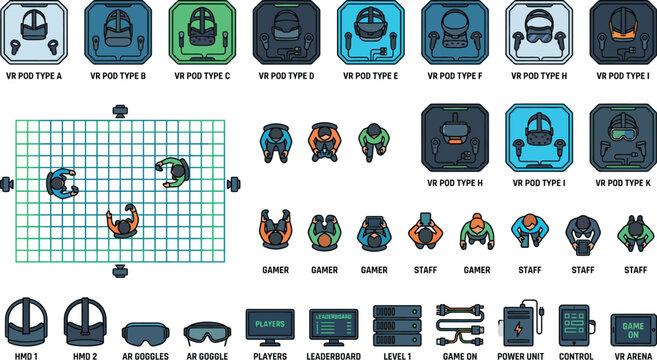 Collection of futuristic military robot icons and cybernetic equipment