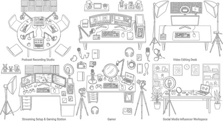 Naklejka premium Set of outline illustrations representing various content creator streaming