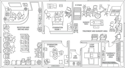 Fototapeta premium Detailed floor plan sketch of an office suite and workplace environment