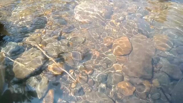 Clear river water flowing over colorful pebbles and stones in shallow stream