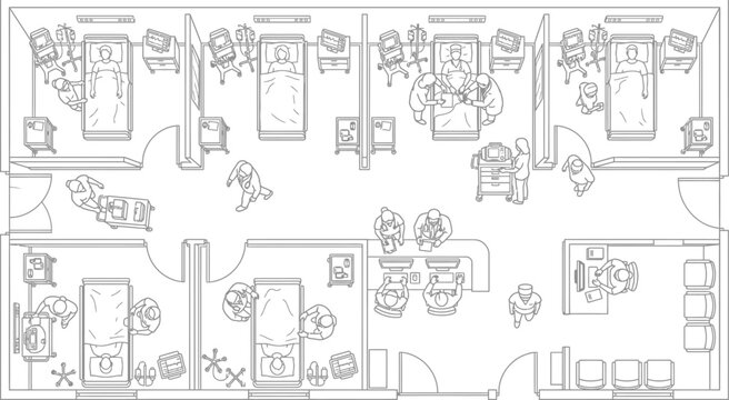 Hand drawn floor plan of a multi-room hospital or care facility wing