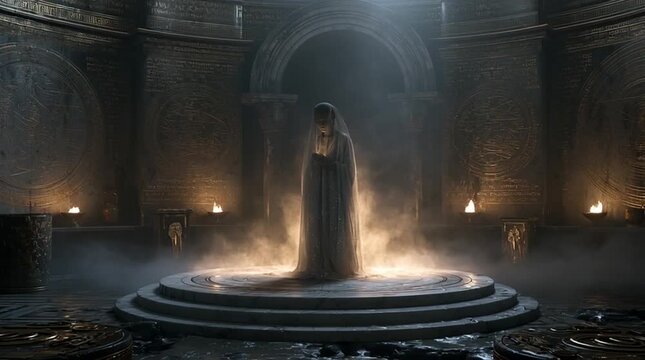 A Roman oracle priestess inspired by Sibylline traditions stands within a subterranean marble sanctum. Glowing vapor, celestial inscriptions, and prophetic visions create a timeless atmosphere.