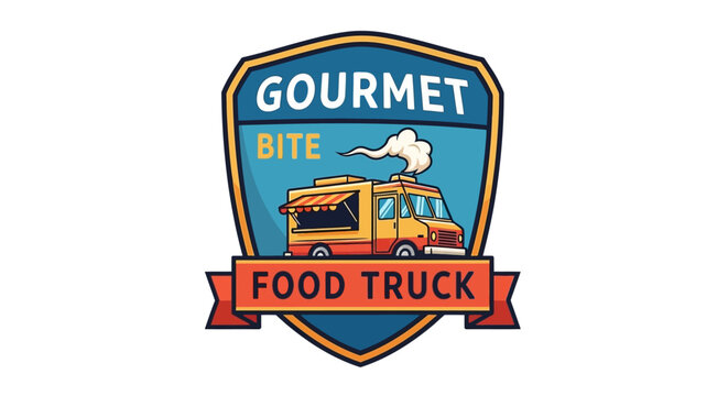 Gourmet food truck logo design with shield emblem and banner on white background