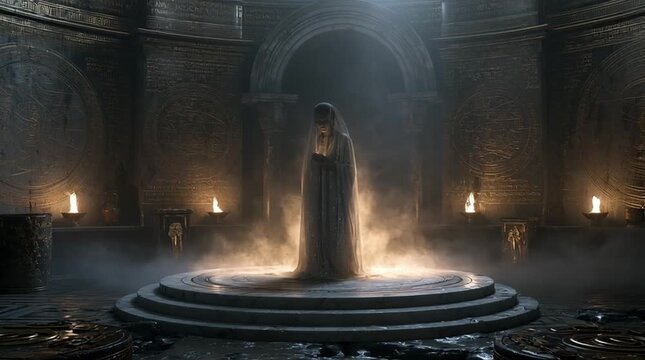 A Roman oracle priestess inspired by Sibylline traditions stands within a subterranean marble sanctum. Glowing vapor, celestial inscriptions, and prophetic visions create a timeless atmosphere.