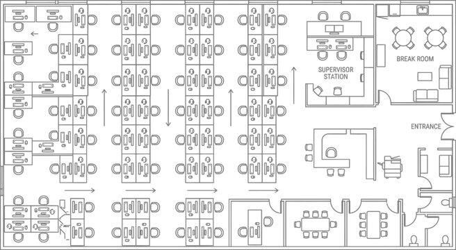 Large office building floor plan with cubicle workspaces and meeting rooms