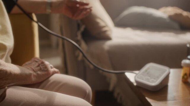Side view tilting shot of senior Caucasian woman using digital blood pressure monitor while sitting comfortably at home in cozy apartment interior