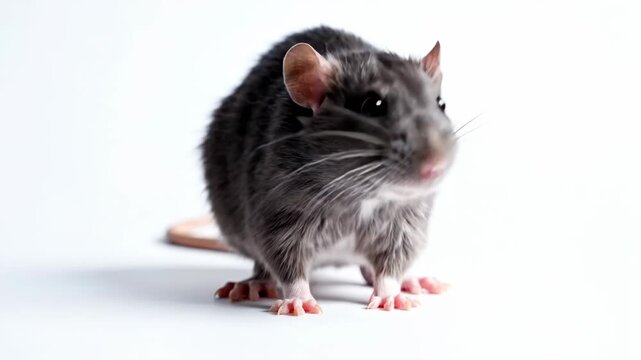 Gray Rat Standing on Hind Legs and Sniffing Air Against Clean White Background