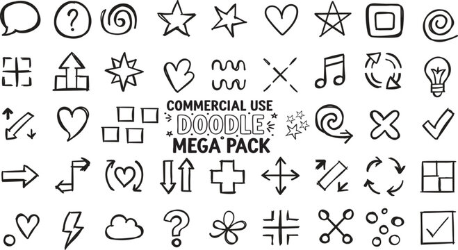 Hand drawn doodle icon mega pack vector set with arrows stars and hearts