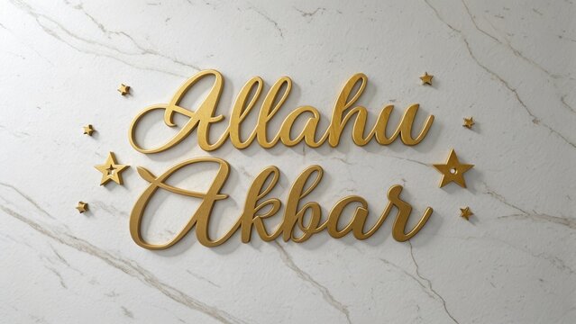 Golden allahu akbar calligraphy on a marble background with stars