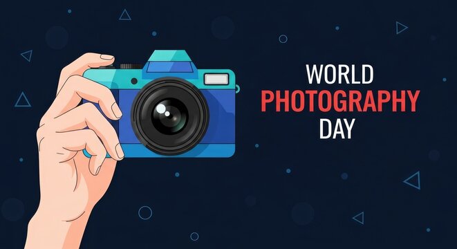 World photography day illustration hand holding blue camera with festive background