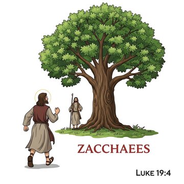 Biblical Zacchaeus Figure Approaching Large Green Sycamore Tree in Illustrated Scene