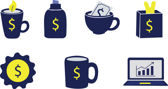 Flat finance money icon vector set with dollar sign mugs and laptop graph