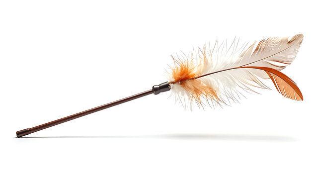 Isolated indigenous arrow with feather fletching and patterned shaft, ancient hunting tool, tribal design element