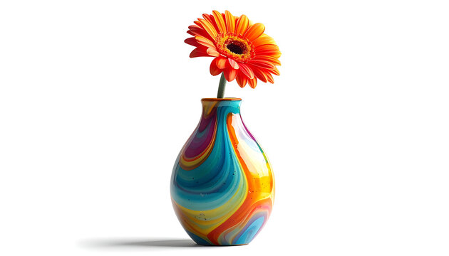 Isolated colorful abstract patterned vase holding a single vibrant orange gerbera daisy, studio shot