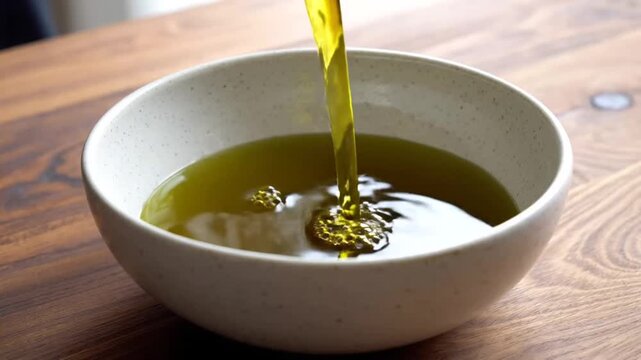 Sequential Pouring of Olive Oil Into a Ceramic Bowl Demonstrating Viscosity and Flow Dynamics