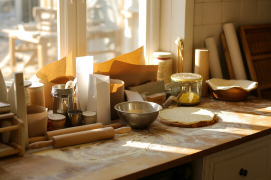Kitchen counter with baking supplies and dough
