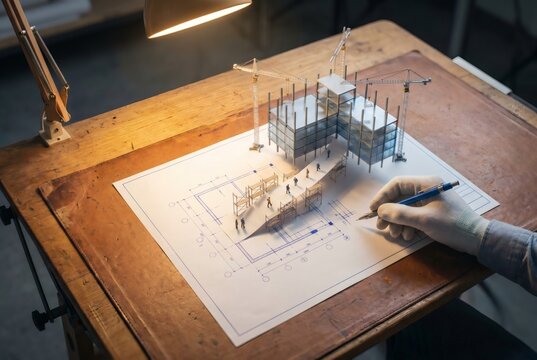 Architect Hand Drawing Blueprint with Miniature 3D Building Construction Rising from Floor Plan on Drafting Table with Desk Lamp Surreal Concept