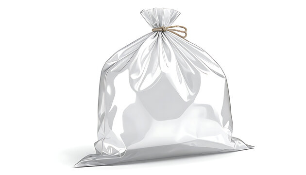 Isolated clear plastic bag filled with white objects, tied with twine at the top, on a white background