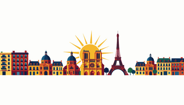 Paris Skyline with Eiffel Tower and Notredame Cathedral Flat Illustration