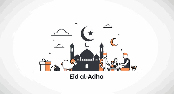 Eid al Adha Celebration Scene With Mosque And People.