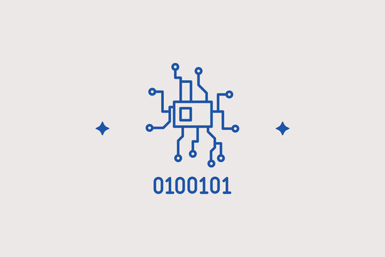 Microchip processor with binary code stream line icon for hardware data engineering. Technical vector illustration for artificial intelligence systems, computer tech, or circuitry.
