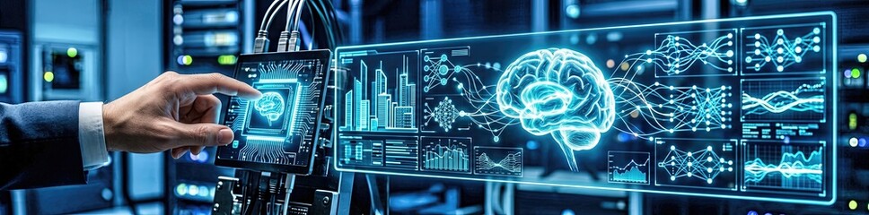Fototapeta premium Innovative technology interface showcasing ai data analysis modern data center digital display futuristic environment close-up viewpoint artificial intelligence concept