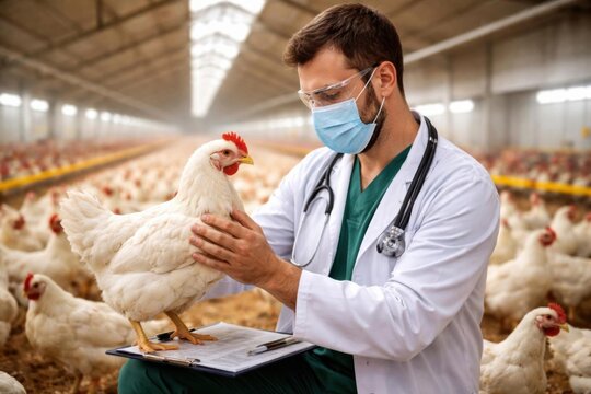 Veterinario av&iacute;cola examinando pollos sanos dentro de una instalaci&oacute;n ganadera
