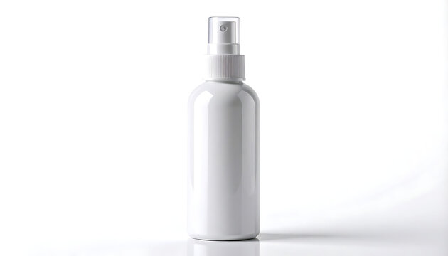 Isolated glossy white spray bottle with clear cap on a reflective white surface, studio shot