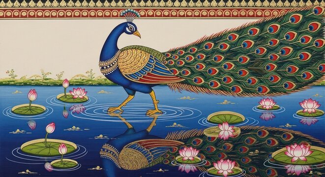 Vibrant Indian Peacock Amidst Lotus Pond in Traditional Art Style.
