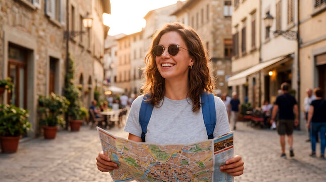 Young woman tourist holding a paper map while exploring a historic old town street during a sunny summer day wearing sunglasses and a blue backpack